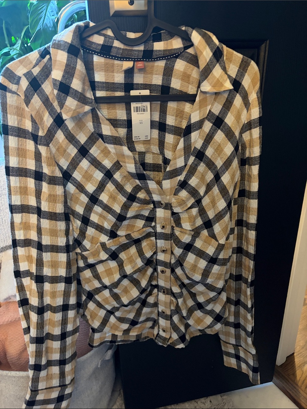 Pilcro by Anthropologie Plaid Ruched Button-Front Women's Shirt - XS NWT